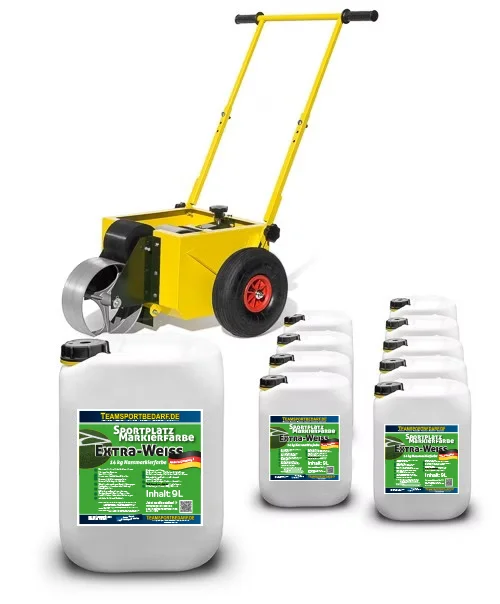 Wochenendangebot Sportplatz - Nassmarkierwagen (Roll-Liner)+ 10 Kanister Extra-Weiß 14 kg (9 Liter)