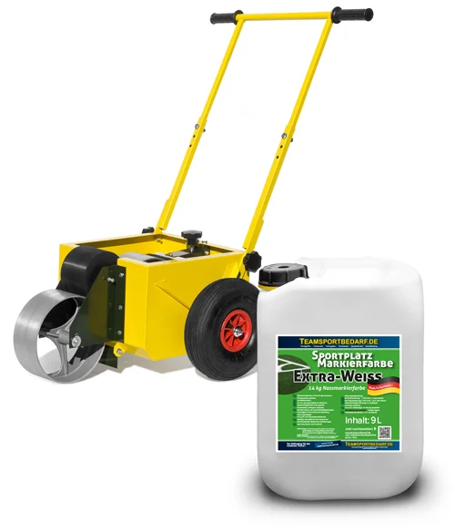 Saisonangebot Sportplatz - Nassmarkierwagen (Roll-Liner)+ 1 Kanister Extra-Weiß 14 kg (9 Liter)