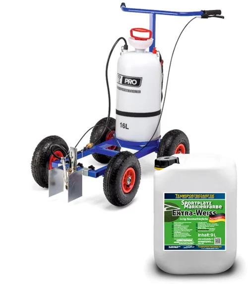 Sprühmarkierwagen (Handpumpe) - mit 16 L Behälter + 1 Kanister Extra-Weiß 14 kg (9 Liter) Highlight