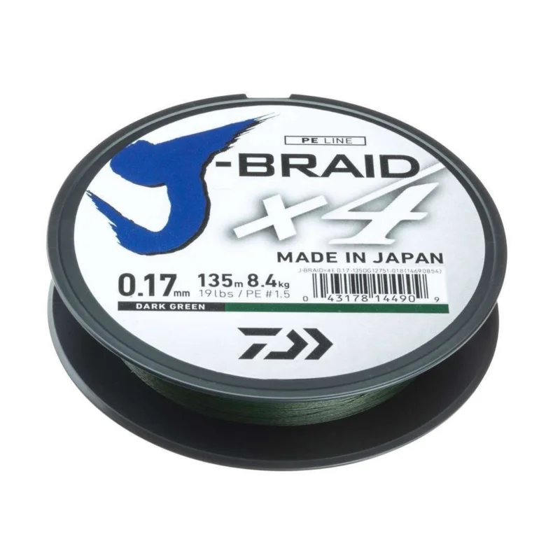 Sonderaktion Daiwa J-Braid X4E 0,29mm / 18,6kg / 135m Geflochtene Schnur Dunkelgrün