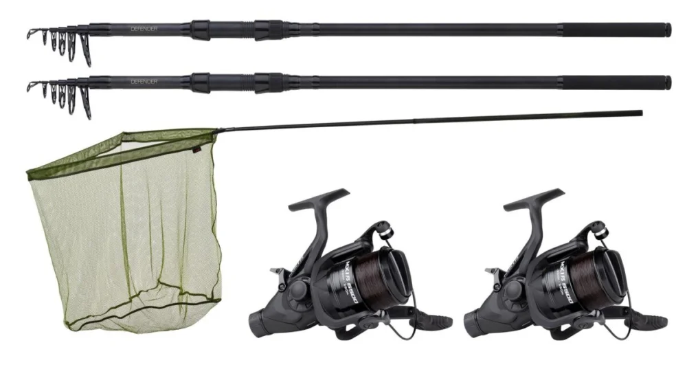 JRC Defender Carp Karpfencombo 2x Tele Karpfenruten 2x Freilaufrolle + Kescher Bundle Schnäppchen