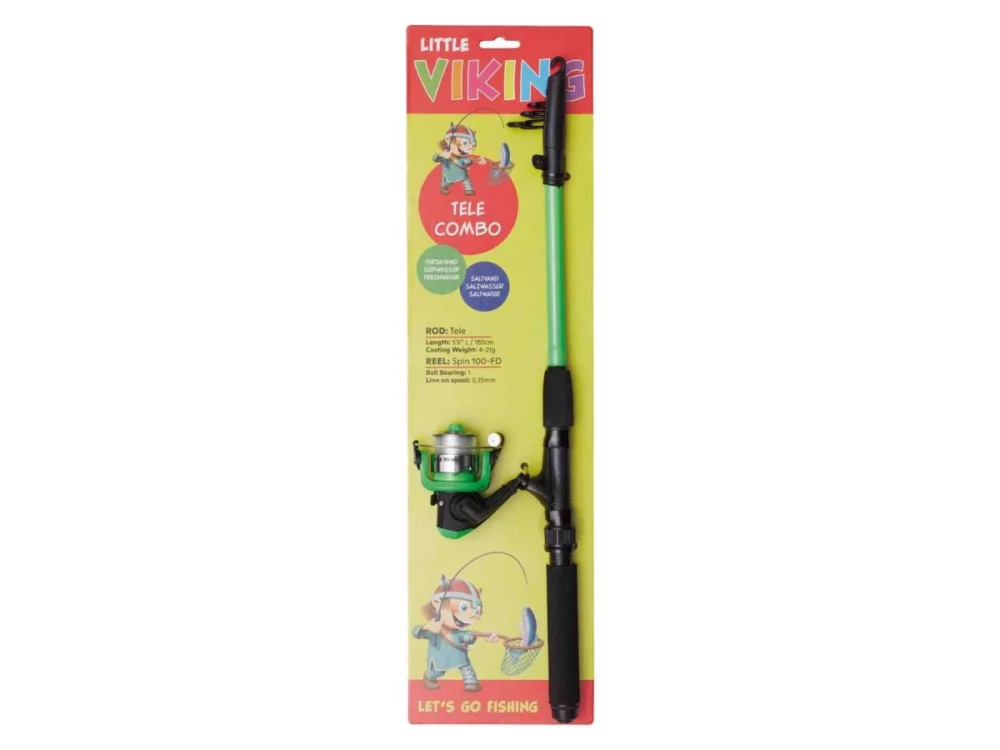 Ausverkauf Kinetic LITTLE VIKING TELE COMBO 5'6"/165CM L 4-21G 5SEC 100-FD 1BB GREEN Bundle Angelset Angelcombo